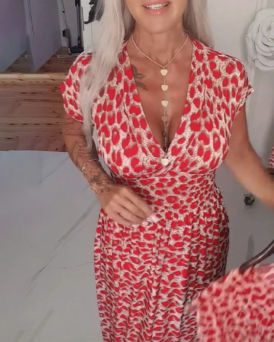 Leopar Desenli V Yakalı Şık Elbise