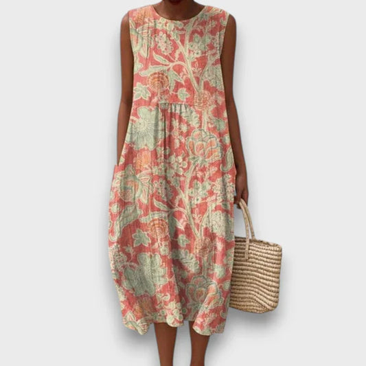 Thaleia – Vintage Çiçek Desenli Midi Elbise