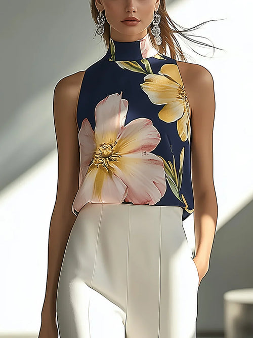 Çiçekli Lacivert Saten Kolsuz Üst