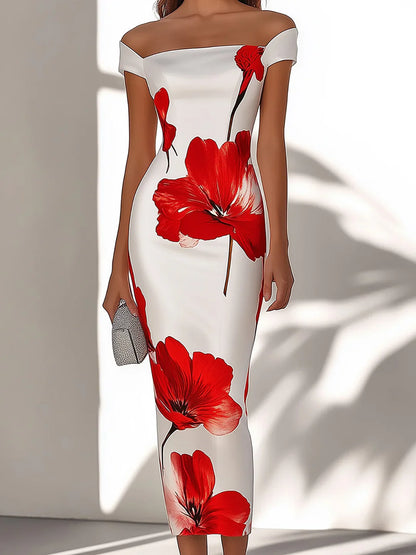 Kırmızı Çiçek Desenli Şık Beyaz Saten Elbise