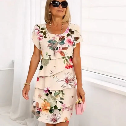 %50 İndirim!️ Çok Renkli Bitki Desenli Kat Kat Elbise